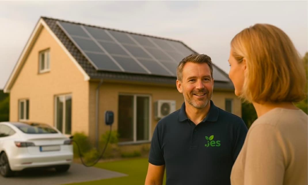 Een JES-expert bespreekt de installatie met een klant bij een woning met zonnepanelen en laadpaal